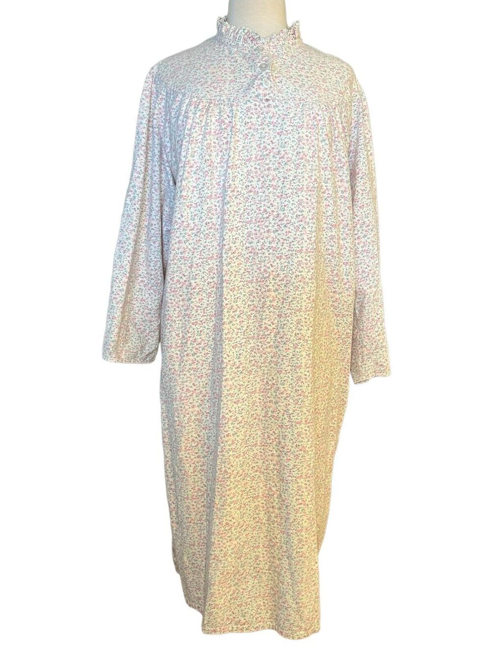 Pure Luxury Nightgown M Vintage Pink Floral White Ruffle 3 Button Long Flowers